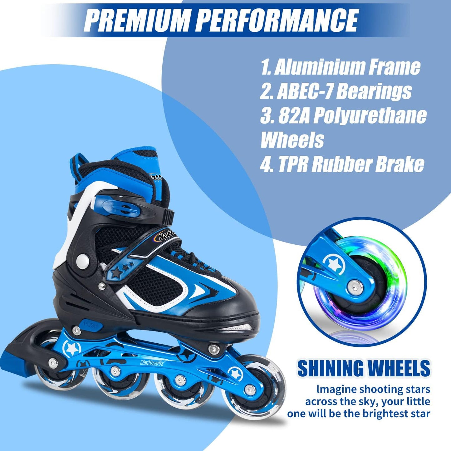 Nattork Blade Roller Skates for boys with light-up wheels, blue inline skates for outdoor and indoor use, suitable for kids ages 5-10