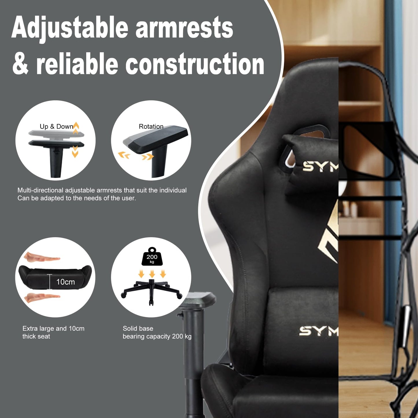 Symino gaming computer chair in black with footrest, headrest, lumbar support, height adjustment, and rotating task chair design.