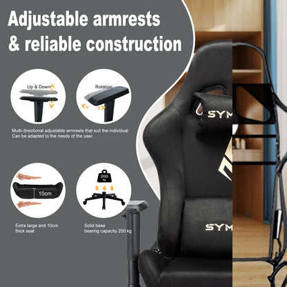Symino gaming computer chair in black with footrest, headrest, lumbar support, height adjustment, and rotating task chair design.