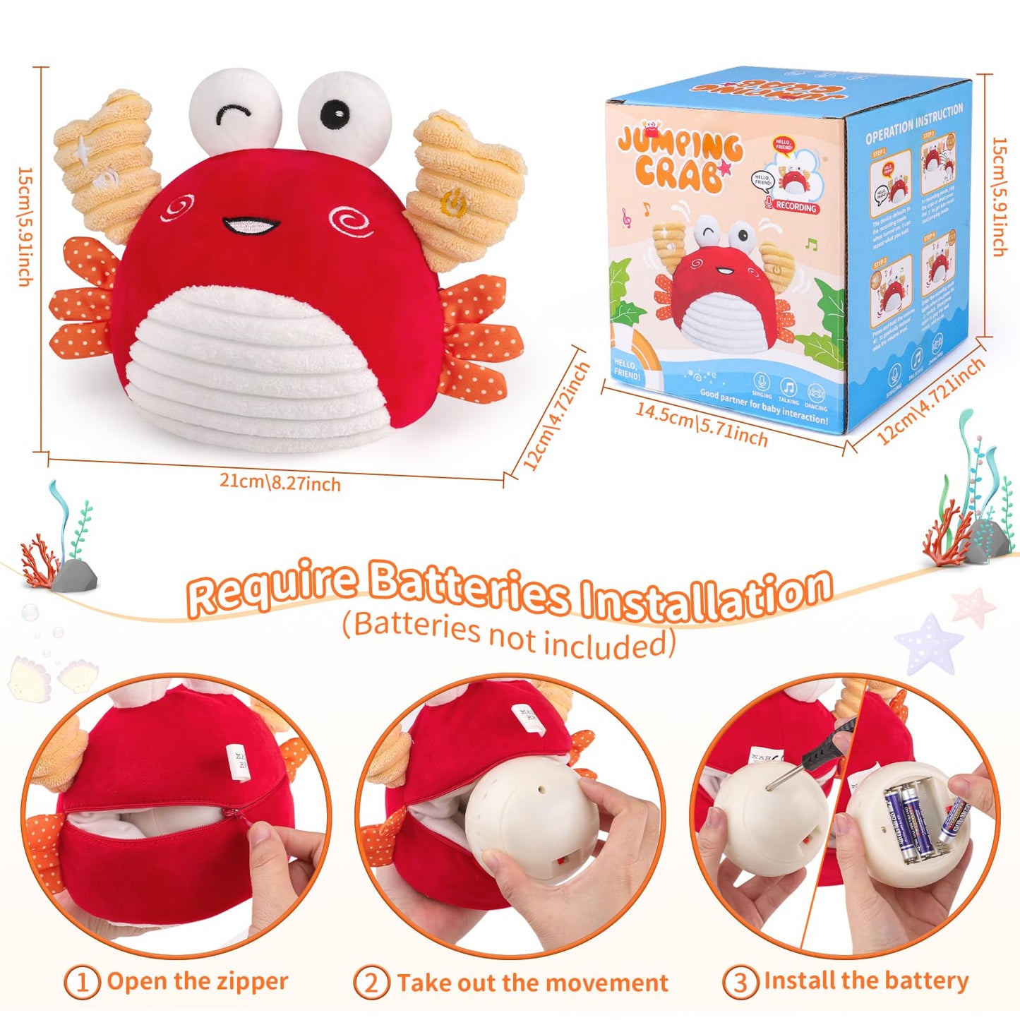 nicknack Crawling Crab Baby Toy 6 to 12 Months, Musical Dancing Crab Sensory Plush Toddler Toys for Babies 1 2 Year Old Boy Girl Birthday Gifts - Adjustable Volume,100 Songs & Recording Feature