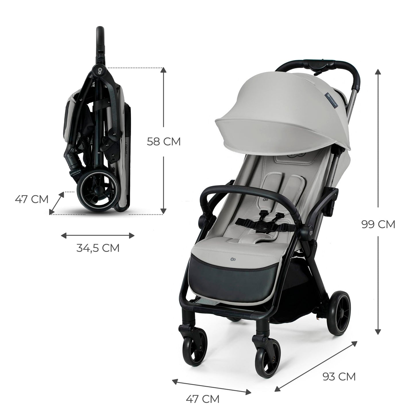 Kinderkraft APINO Pushchair, Reclining Buggy, Sports Pushchair, Lightweight, Gray