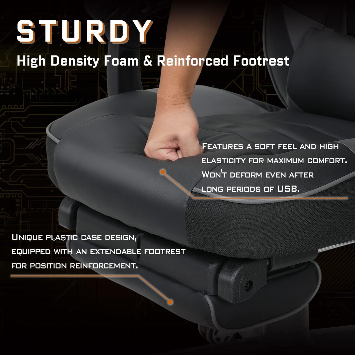 PULUOMIS grey gaming chair with footrest, ergonomic design, headrest, lumbar support, and adjustable recline for comfort.