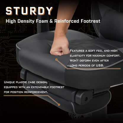 PULUOMIS grey gaming chair with footrest, ergonomic design, headrest, lumbar support, and adjustable recline for comfort.