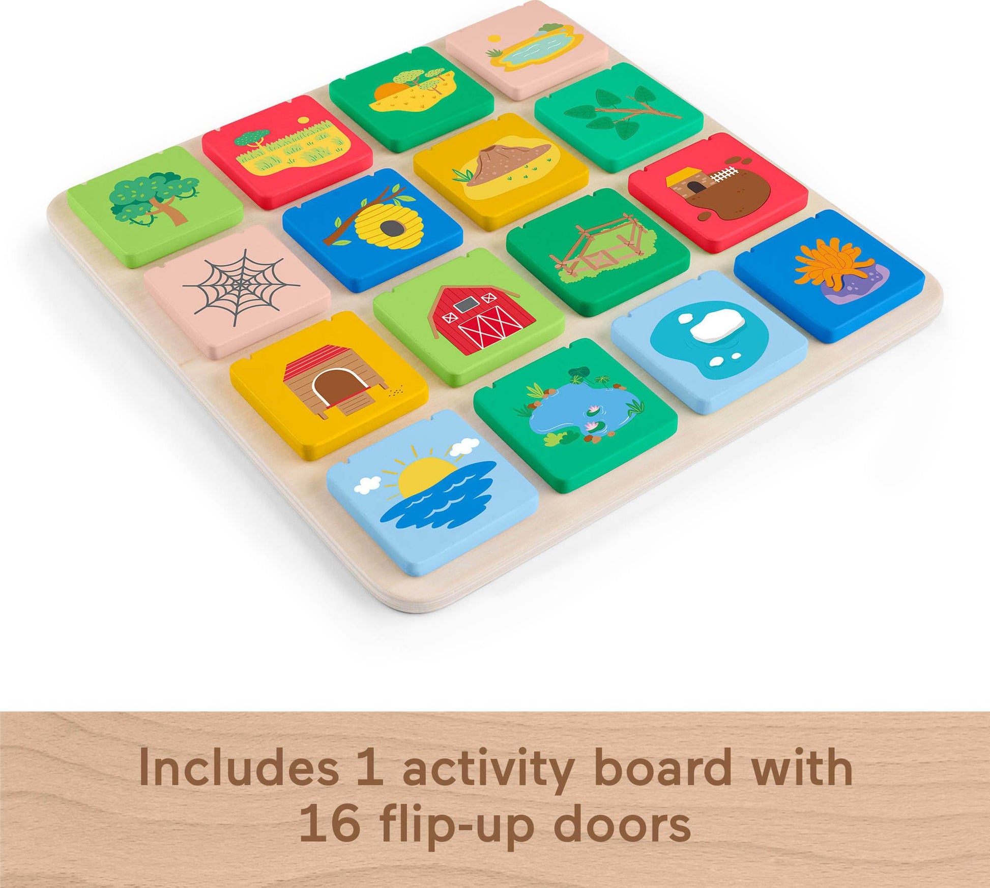 Fisher-Price Wood Preschool Toy Lift & Reveal Board showing children’s fine motor skills and early learning activity for ages 3+