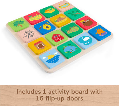 Fisher-Price Wood Preschool Toy Lift & Reveal Board showing children’s fine motor skills and early learning activity for ages 3+