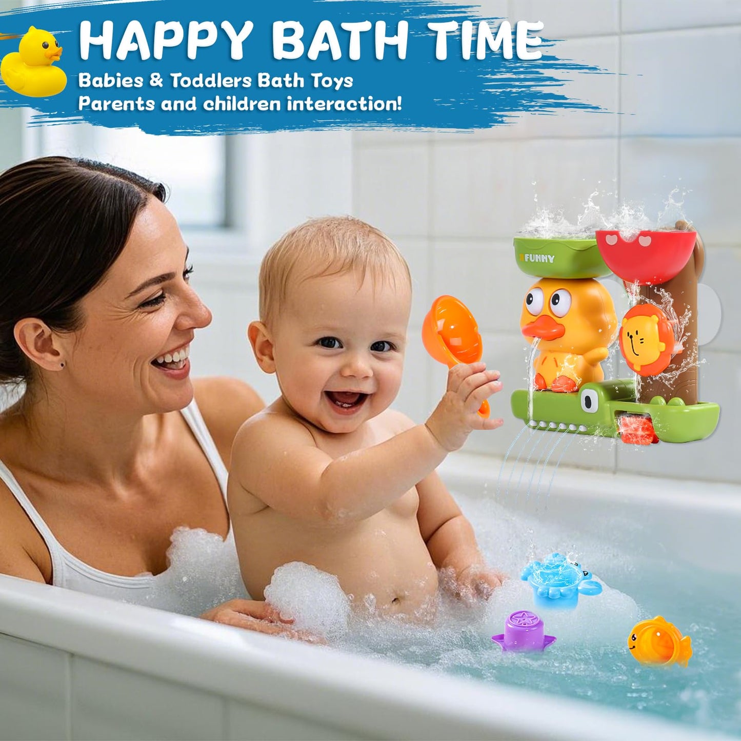 Fajiabao bath toys for toddlers, featuring a spoon and three stackable animal cups for fun water play.