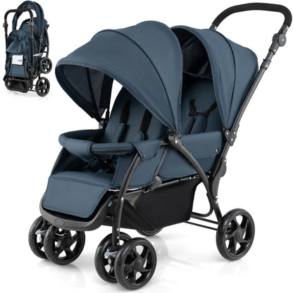 Maxmass Double Seat Baby Stroller, Folding Infant Pushchair with Adjustable Handlebar & Backrest, Storage Basket & Detachable Canopy, Travel Toddler Buggy for Shopping, Hanging Out (Navy Blue)
