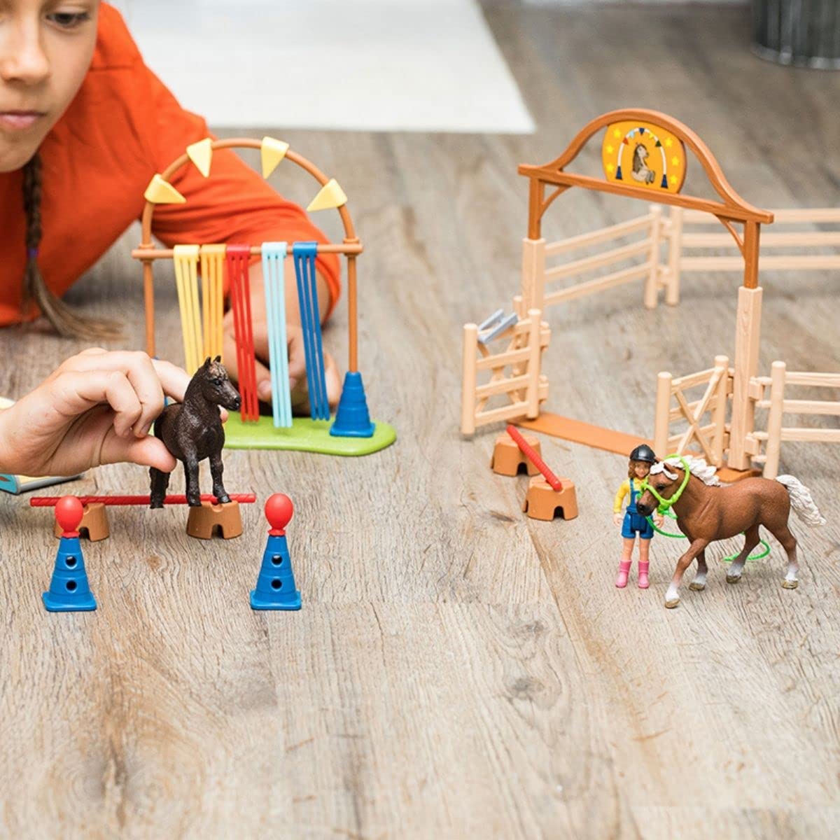 SCHLEICH Farm World 42481 Pony Agility Training Set with Horse, Trainer, and Accessories Playset - 41-Piece Pony, and Horse Club Accessories - Toy Animals Gift Set for Boys, Girls, Toddlers Ages 3+
