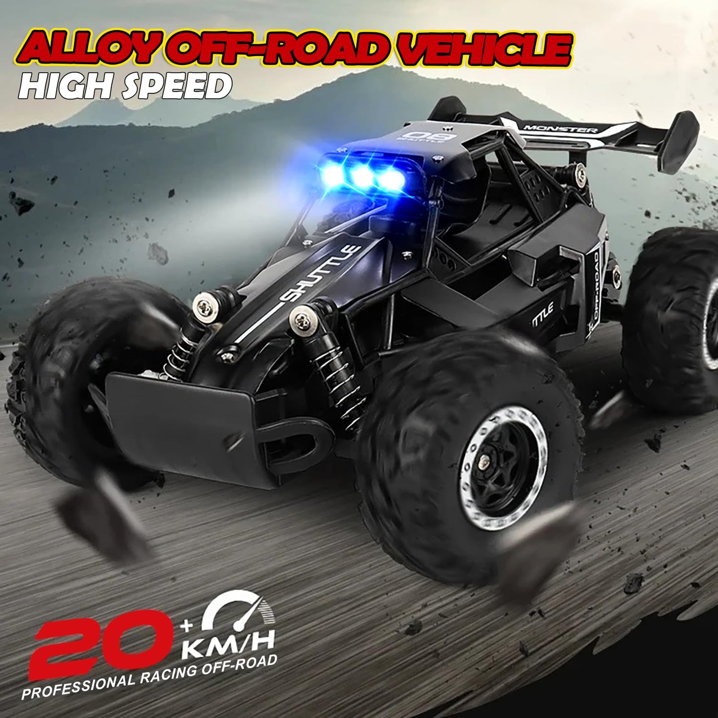 SZJJX Remote Control Car for Kids 3 4 5 6 7+, 20 KM/H High-Speed RC Cars with LED Lights, 2.4GHz 2WD Monster Truck Toys, Rechargeable RC Car, Toy Cars for Girls Boys, Christmas & Birthday Gifts–Black