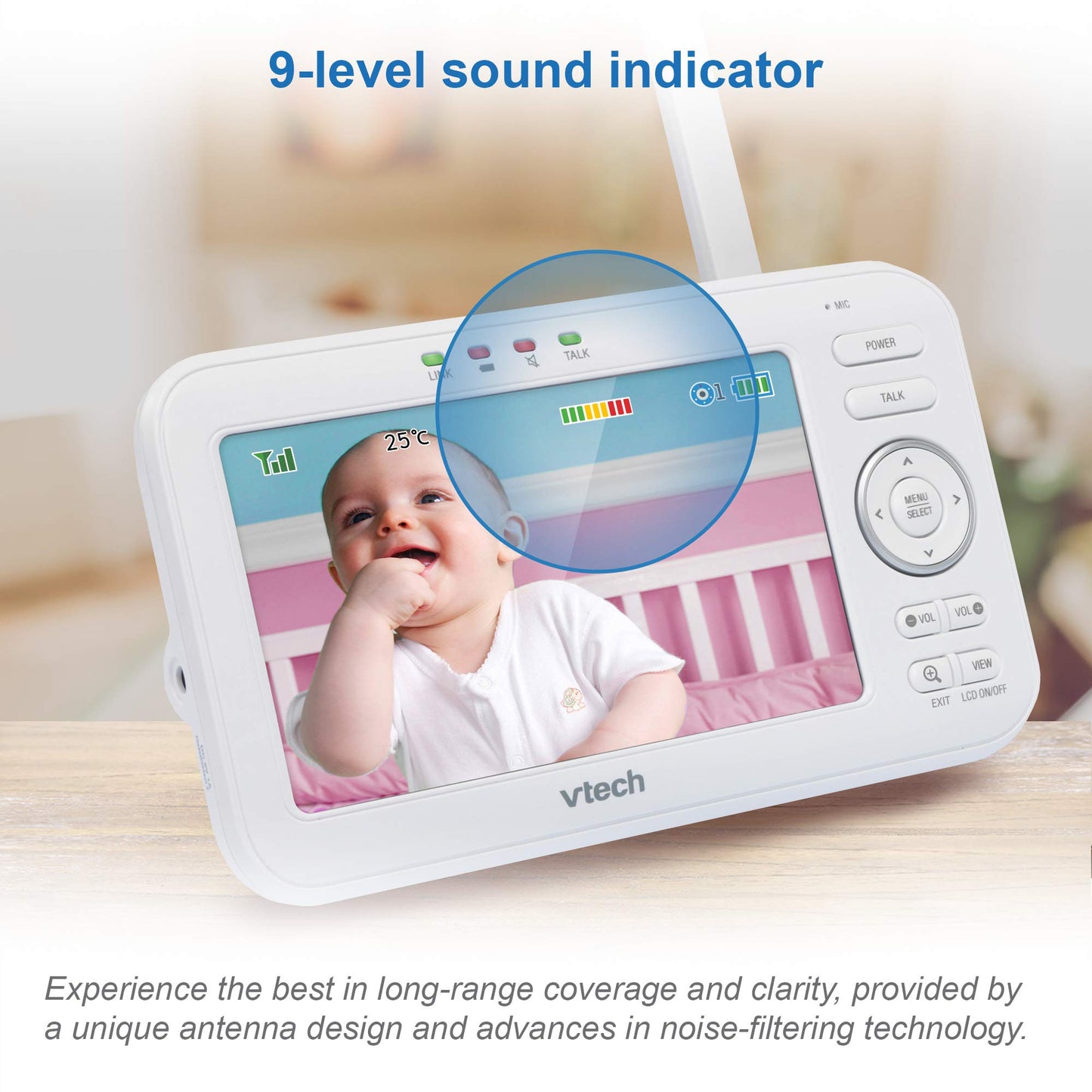 VTech LM808-1W baby monitor with camera, 5-inch screen, night vision, 2-way audio, temperature sensor, and wall-mountable bracket