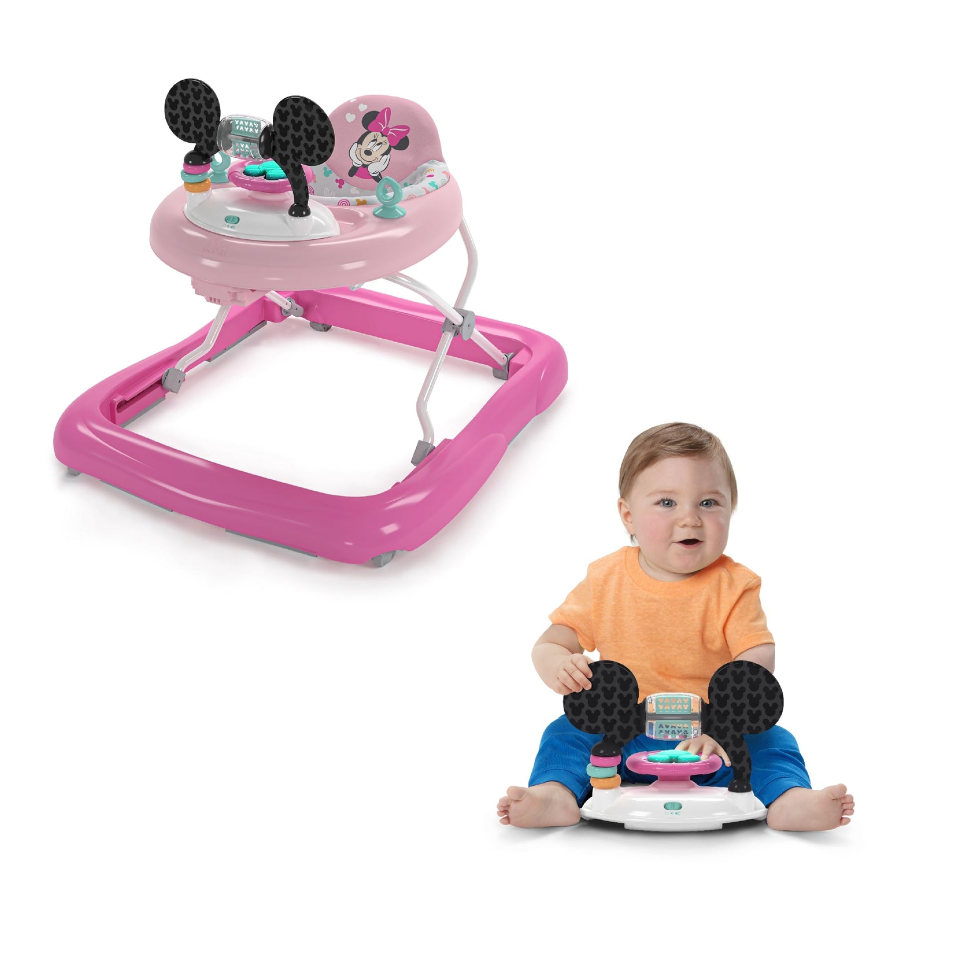 Bright Starts Disney Baby Minnie Mouse 2-in-1 activity walker with removable toy station, lights, songs, adjustable height, pink.