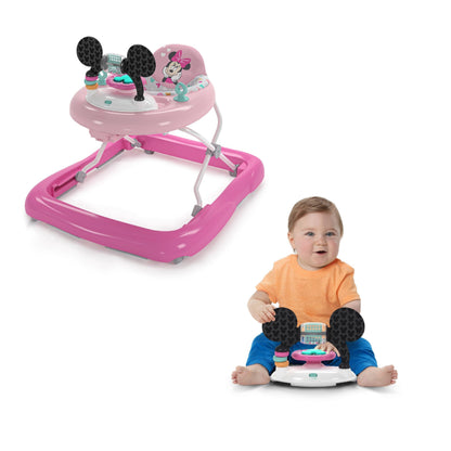 Bright Starts Disney Baby Minnie Mouse 2-in-1 activity walker with removable toy station, lights, songs, adjustable height, pink.