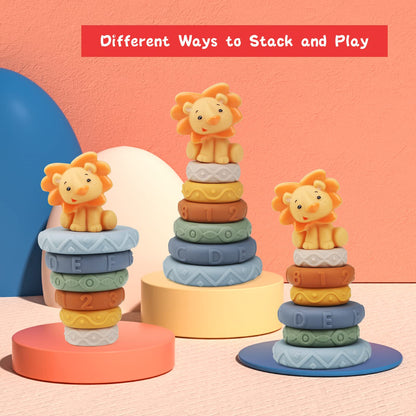 LEADSTAR Stacking Baby Toys Silicone, Lion Sensory Stacker Circles Teething Baby Toy 6 to 12 months, Early Development & Activity Toddler Toys, Silicone Soft Teething Toy, Stacking Toys-7PCS