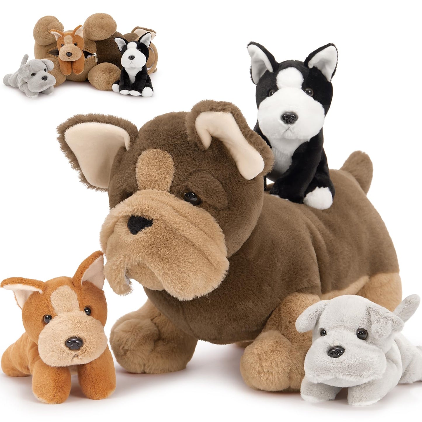 MorisMos Giant 45cm Dog Soft Toy with 3 Cuddly Puppies Baby Inside, Big Fluffly French Bulldog Plush, Realistic Kawaii Dog Teddy Gift for Kids Birthday Christmas Deco