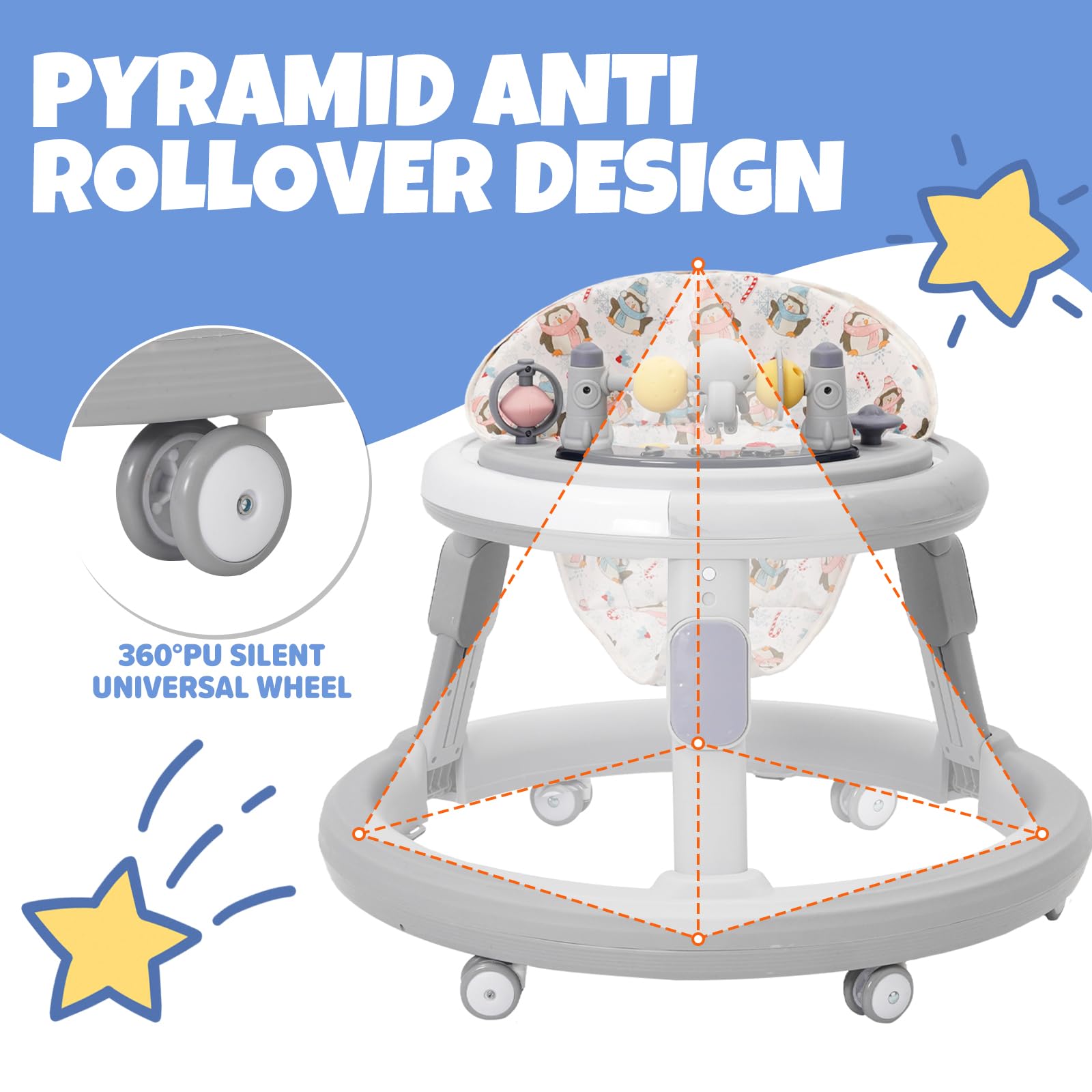 EULEUY 3-in-1 foldable baby walker in grey with adjustable height, 360° quiet wheels, dinner tray, and built-in game play center for toddlers.