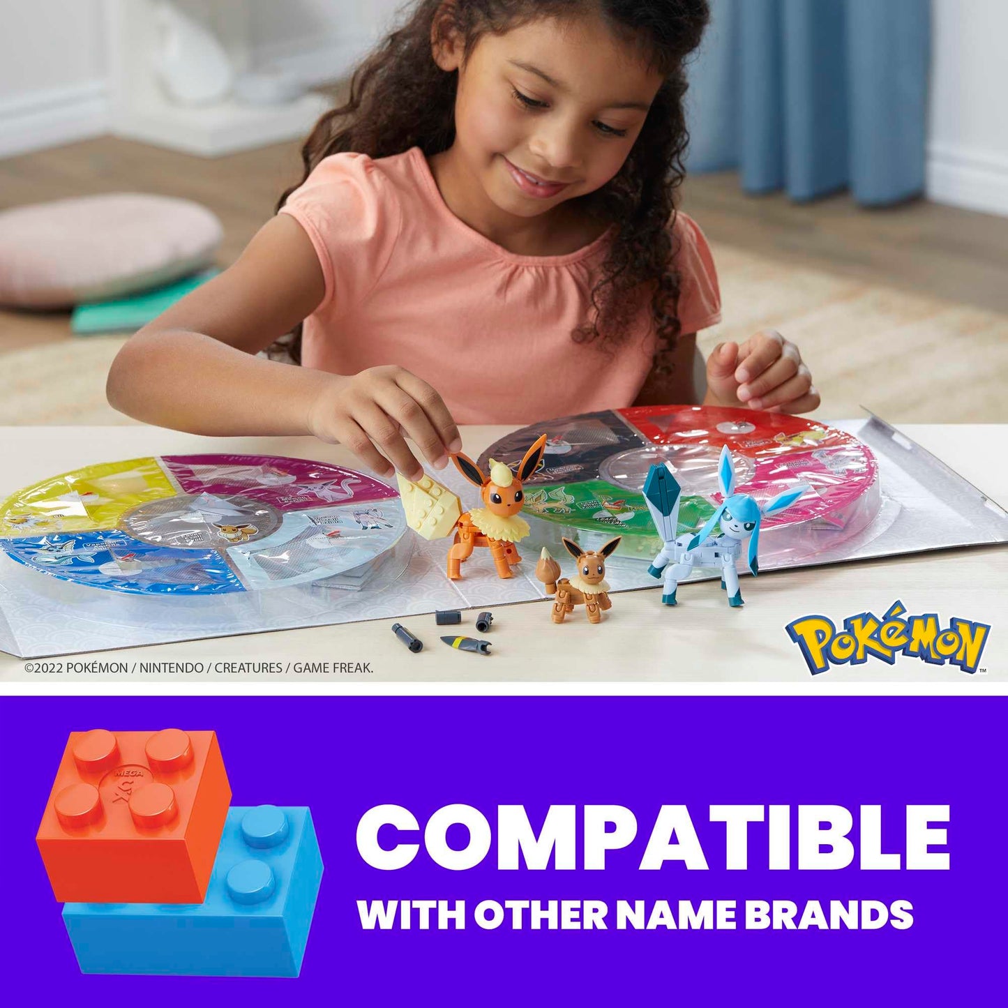 MEGA Pokémon building toys set featuring 9 poseable Eevee evolution characters and 470 pieces for kids.