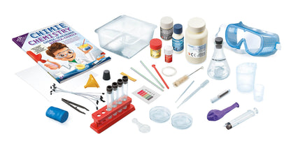 Buki Kids Chemistry Set with test tubes, goggles, and accessories for safe science experiments using kitchen ingredients.