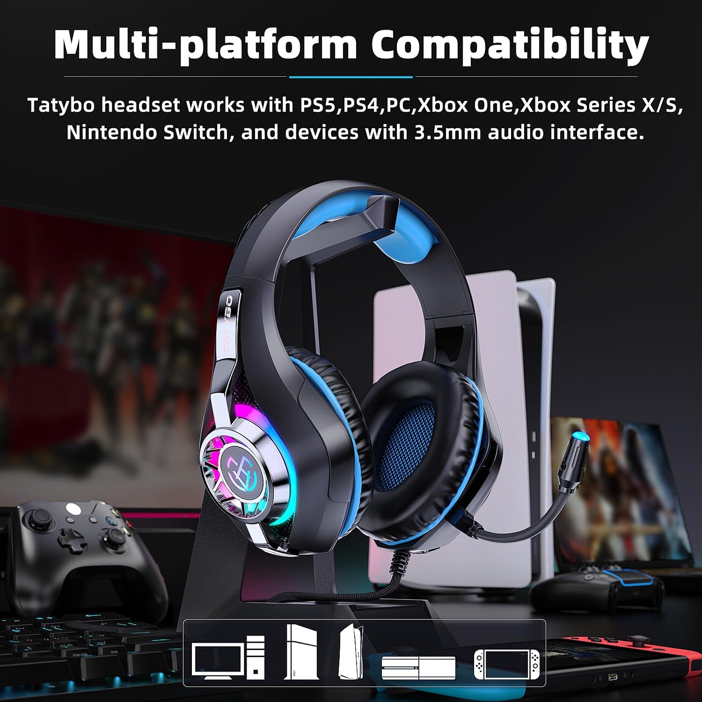 Tatybo gaming headset with noise-canceling microphone, RGB lighting, for PS5, PS4, PC, Xbox, S/X Series, and Switch gaming consoles.