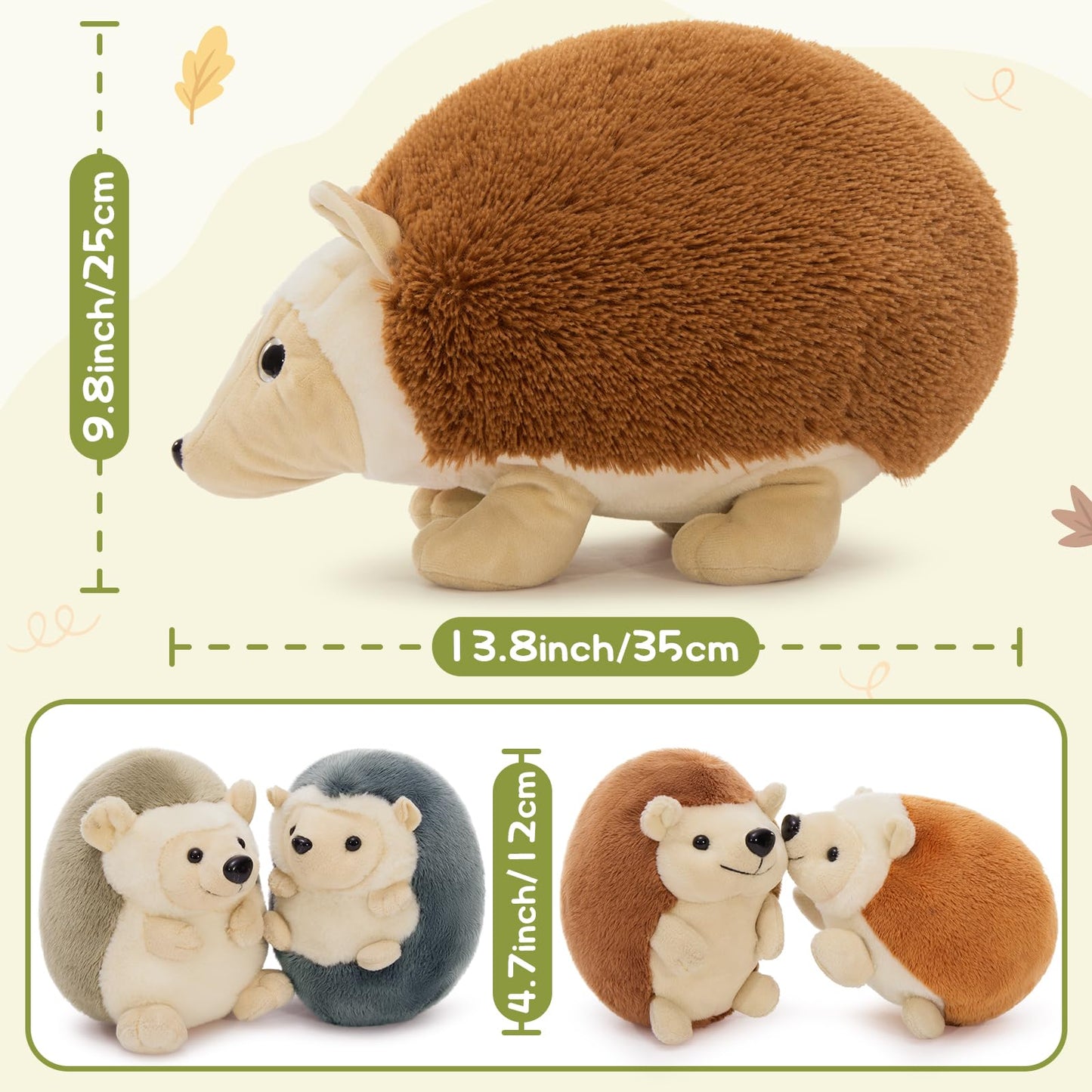 MorisMos Big Hedgehog Teddy Soft Toy, 35cm Mom with 4 Cuddly Baby Inside, Giant Fluffly Hedgehog Stuffed Animal Realistic Kawaii Gift for Kids Birthday Deco