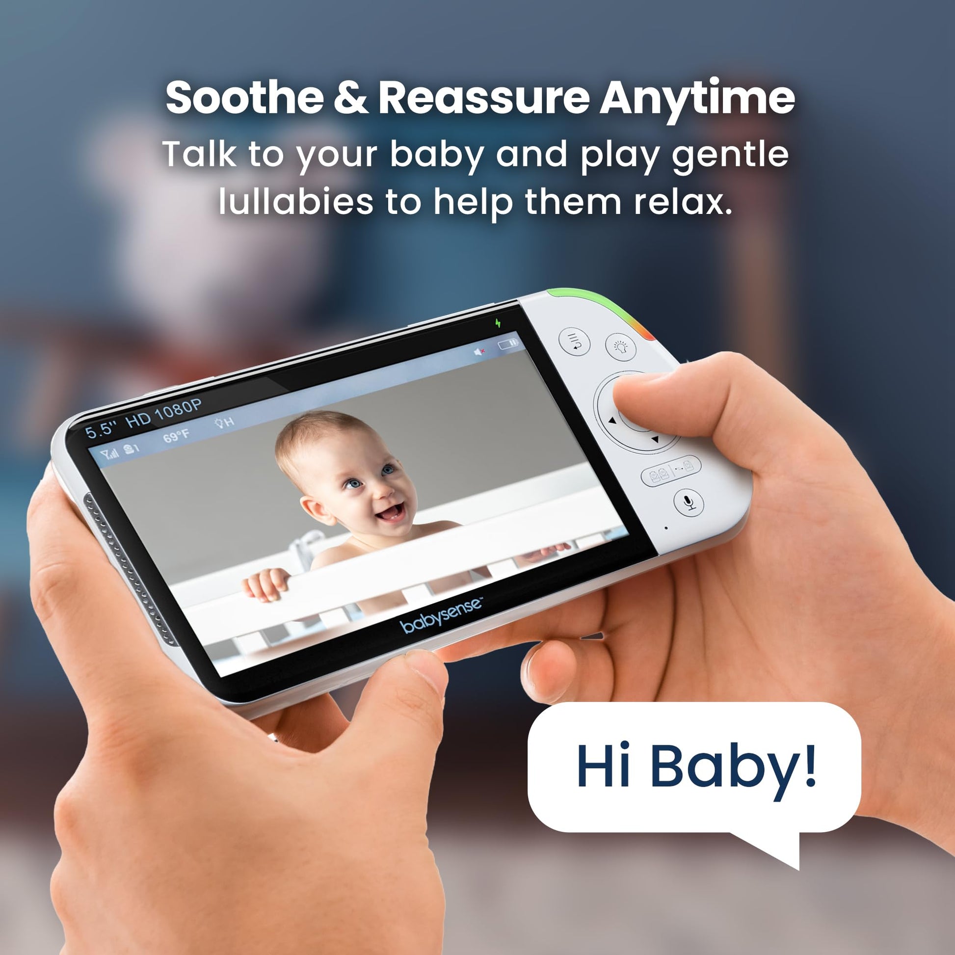 Babysense Full HD split-screen baby monitor showing two PTZ cameras, night light, and control interface with crystal-clear audio.
