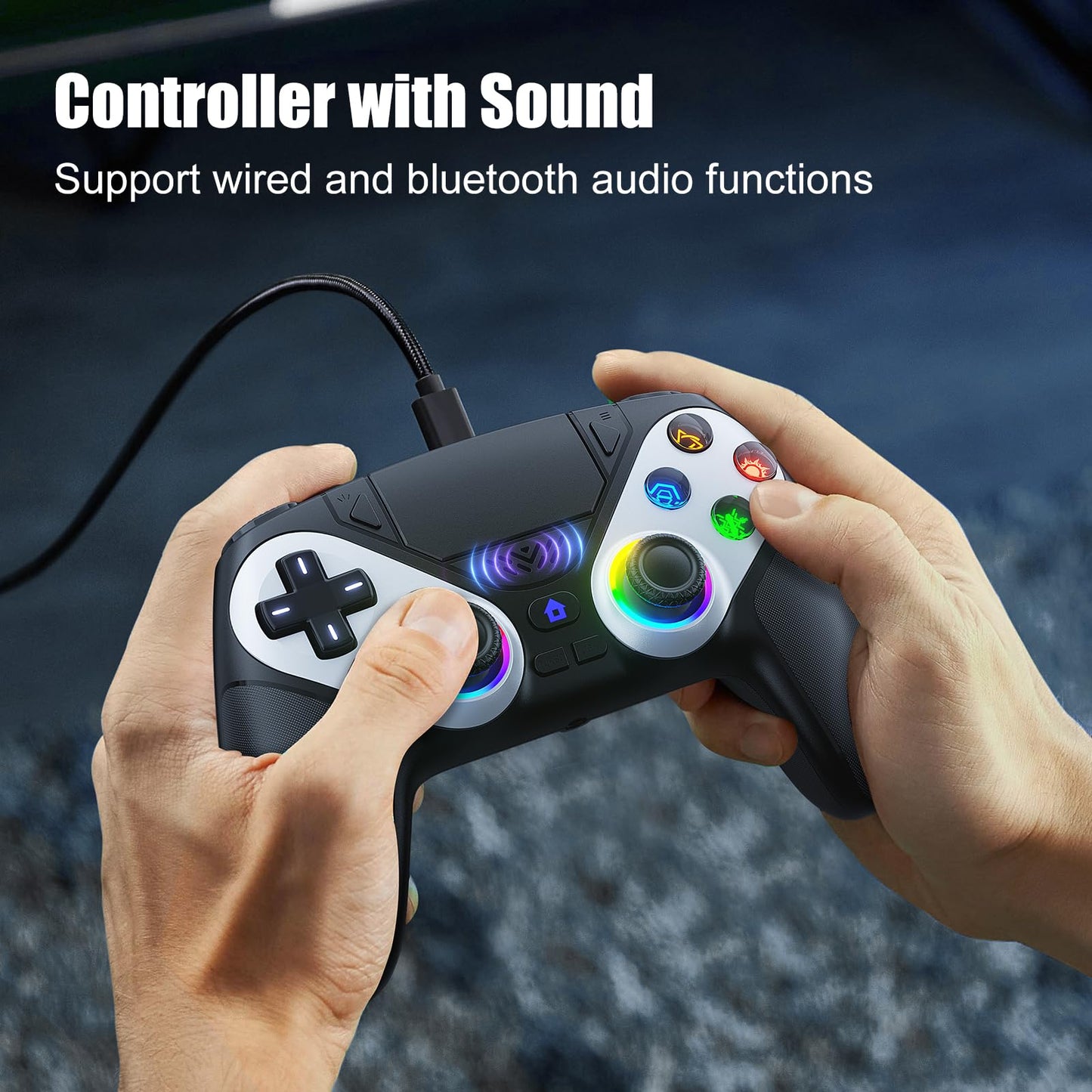Dinosoo RGB wireless PS5 controller with back paddles, 6-axis motion, turbo, dual vibration, and 3.5mm audio jack on a sleek design