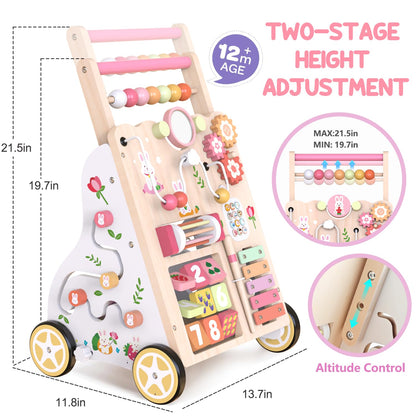 Wooden baby walker with wheels, Weilim bunny design, adjustable height, Montessori activity center for toddlers learning to walk.