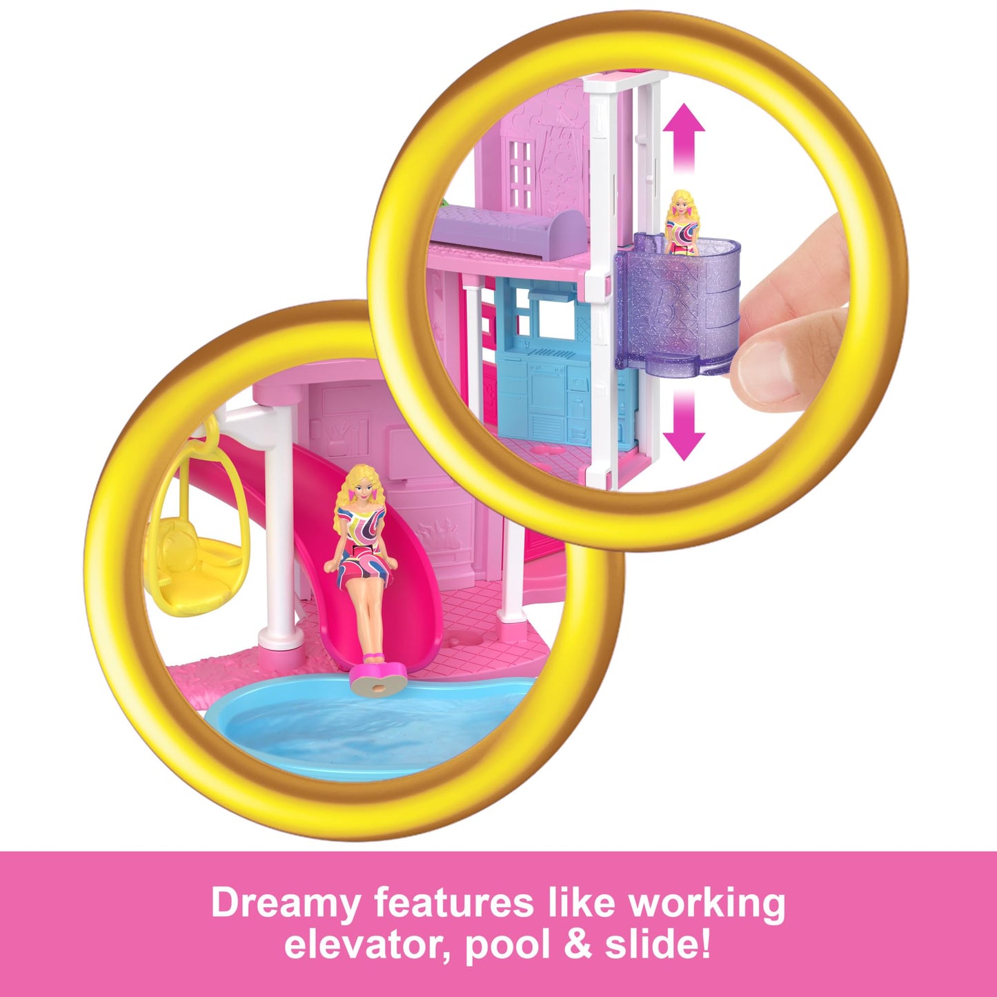 Mini Barbie Dreamhouse set with furniture, accessories, elevator, and pool, featuring a 1.5-inch Barbie doll for ages 4+