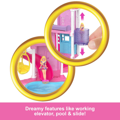 Mini Barbie Dreamhouse set with furniture, accessories, elevator, and pool, featuring a 1.5-inch Barbie doll for ages 4+
