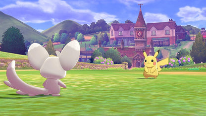 Nintendo Switch game case for Pokémon Sword featuring artwork of Pokémon and game title on the front.