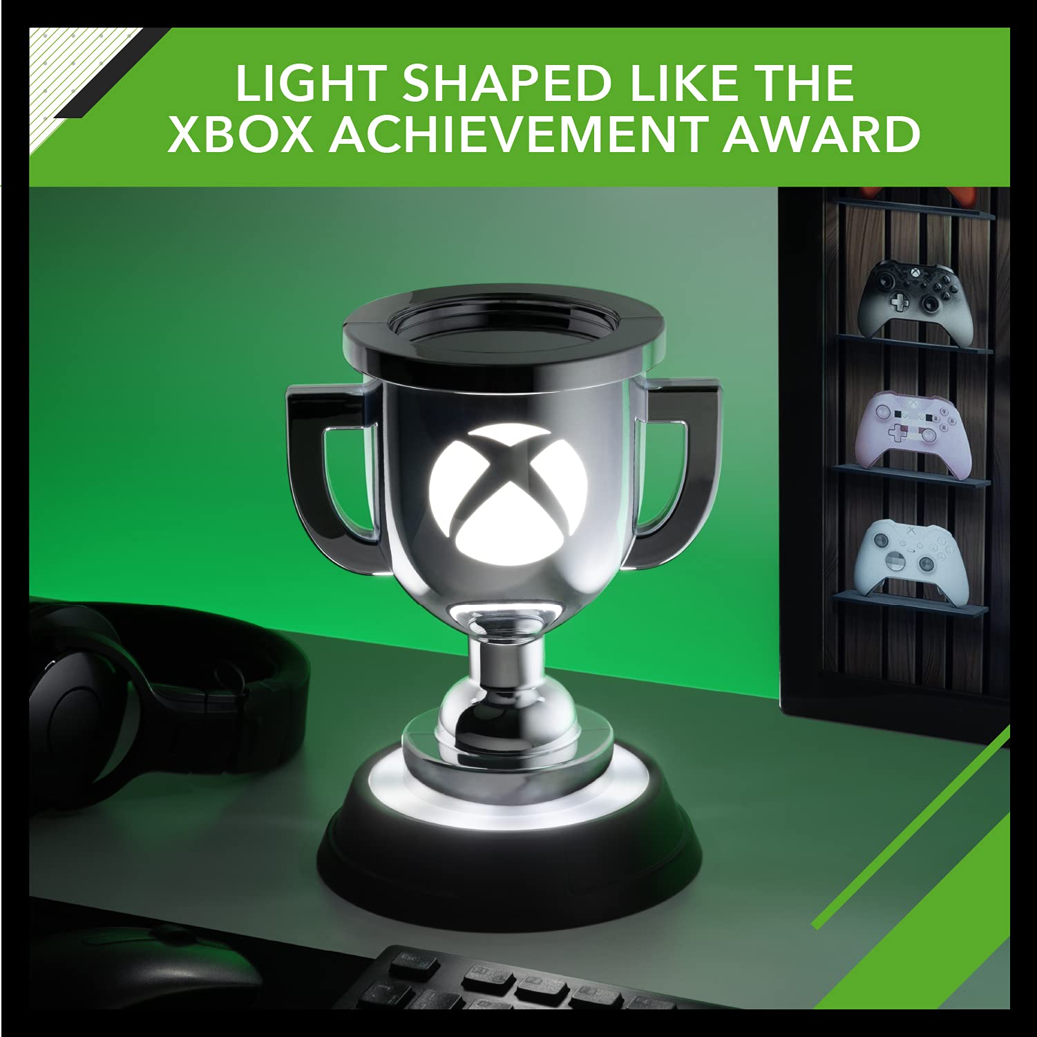 Silver XBOX Paladone Achievement Light with official licensing, showcasing a sleek, metallic design and illuminated achievement icon.
