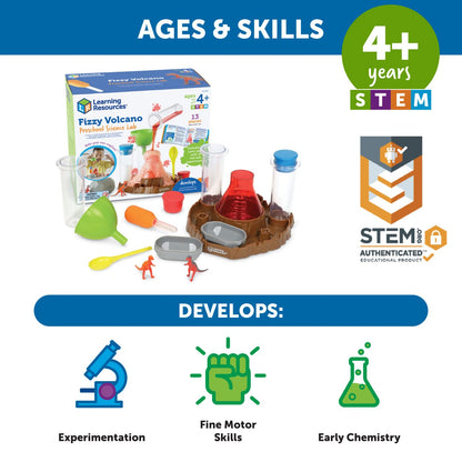 Learning Resources Fizzy Volcano preschool science lab set with 13 pieces for kids, featuring foamy reaction experiments and STEM activities.