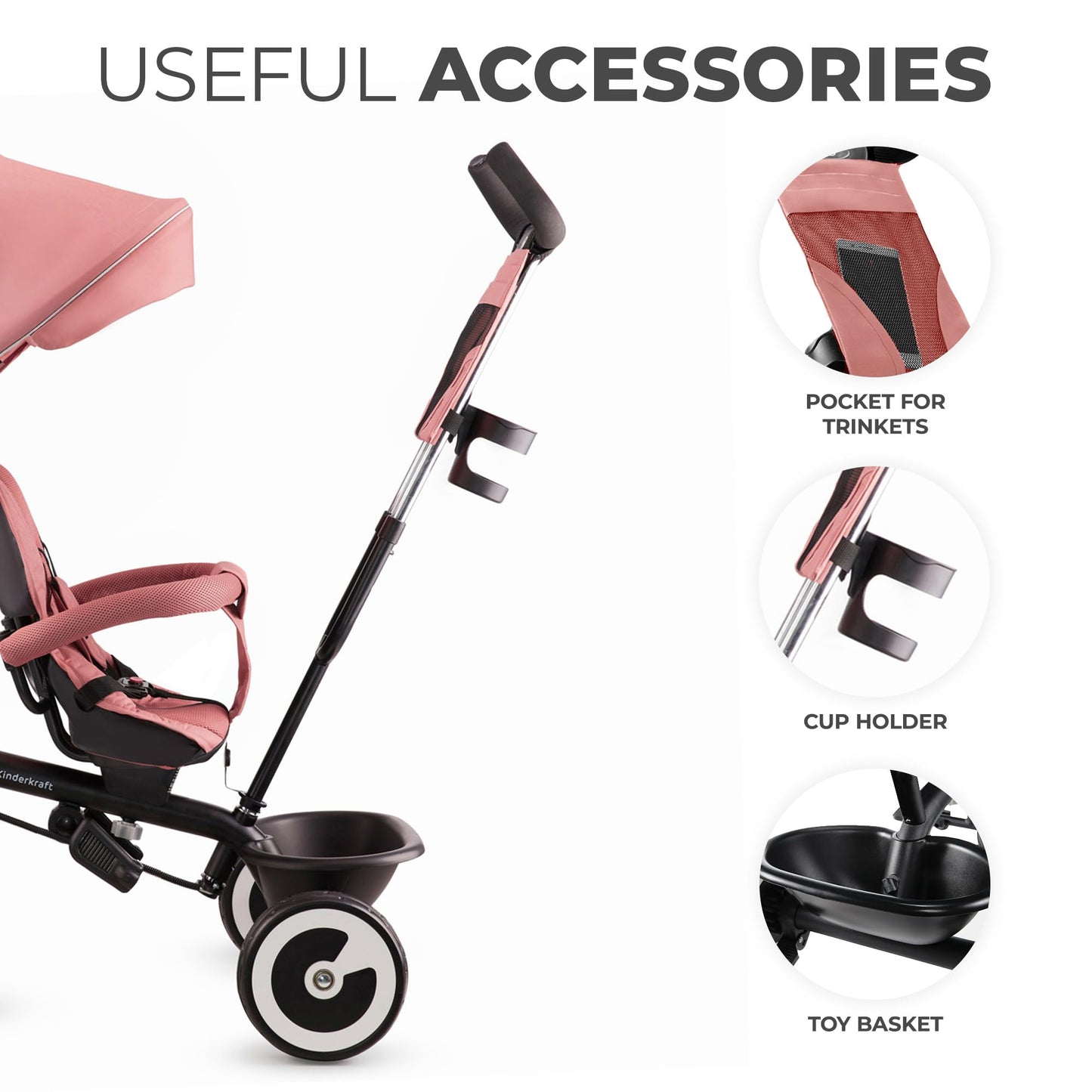 Kinderkraft Aston Tricycle, Baby Push Trike, Kids First Bike, Free Wheel Functions, Parenthandle, Footrest, Accessories, Bag, Cupholder, from 9 Months to 5 Years, Pink