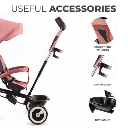 Kinderkraft Aston Tricycle, Baby Push Trike, Kids First Bike, Free Wheel Functions, Parenthandle, Footrest, Accessories, Bag, Cupholder, from 9 Months to 5 Years, Pink