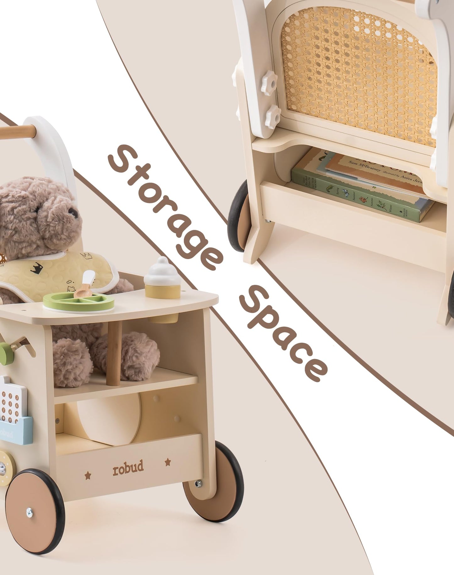 ROBUD wooden baby walker with activity center, push along stroller for toddlers 10+ months, includes safety brake and educational toys