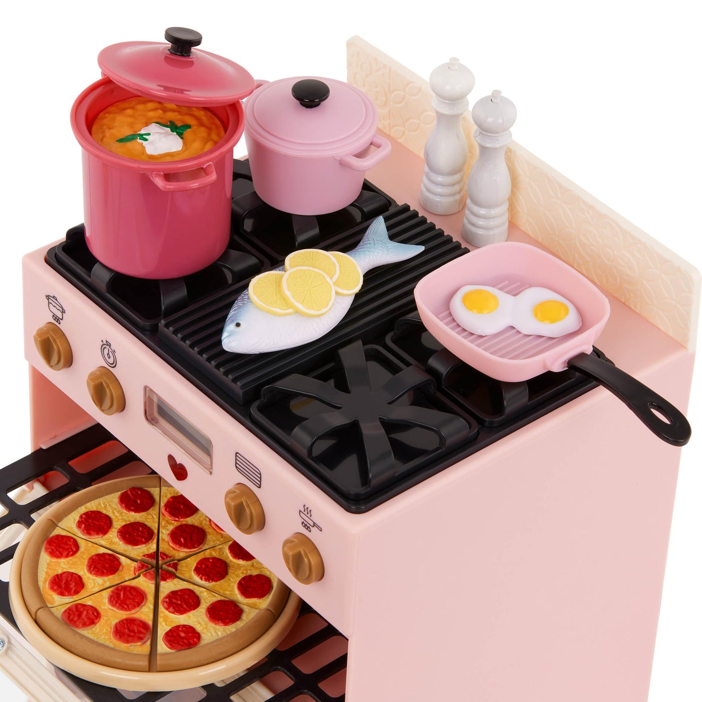 Our Generation Make & Bake Stove Playset featuring a double oven and cooking accessories for 18-inch dolls.