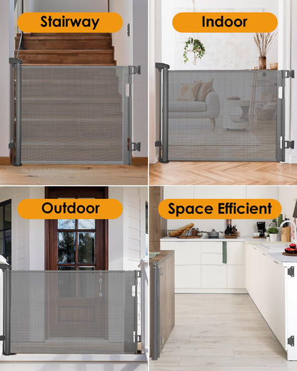 derimkcoa retractable mesh baby and dog gate, grey, 86cm tall, extendable up to 140cm for doorways, stairs, indoor and outdoor use