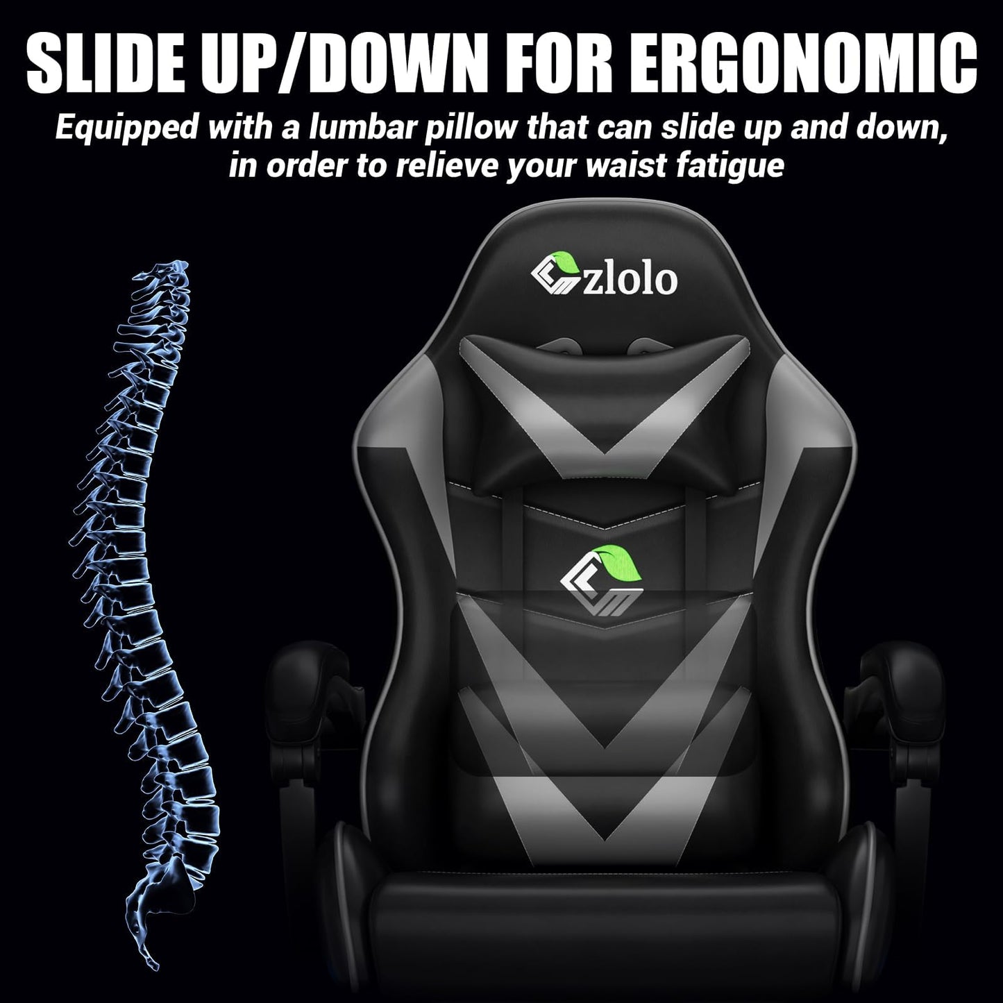 Grey Czlolo gaming chair with massage, footrest, lumbar support, headrest, linkage armrests, and adjustable recline for gamers.
