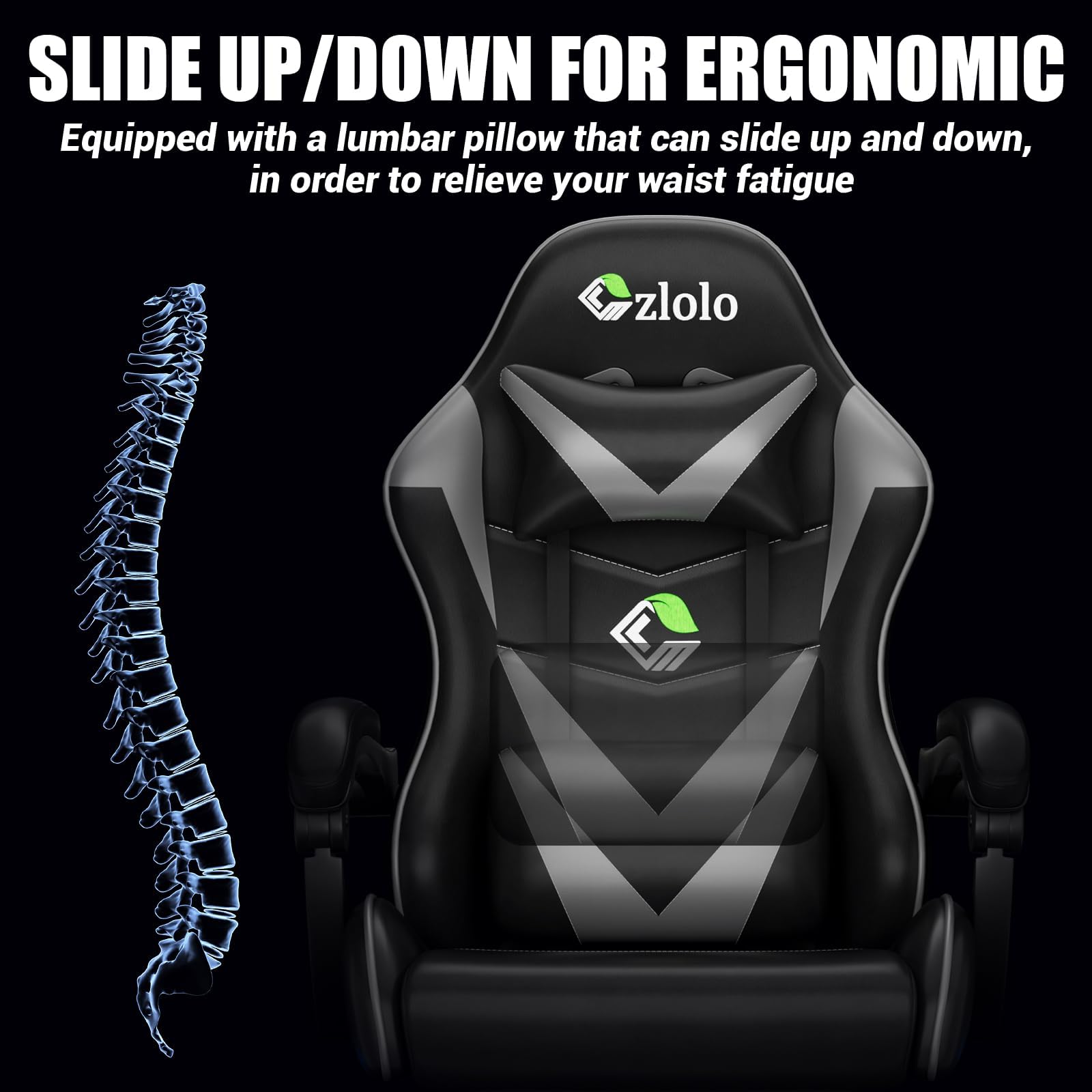 Grey Czlolo gaming chair with massage, footrest, lumbar support, headrest, linkage armrests, and adjustable recline for gamers.