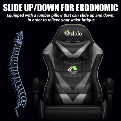 Grey Czlolo gaming chair with massage, footrest, lumbar support, headrest, linkage armrests, and adjustable recline for gamers.