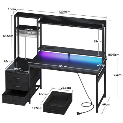 Coleshome gaming desk with drawers, display shelves, LED lights, sockets, monitor stand, carbon fiber black finish, 120×48 cm.