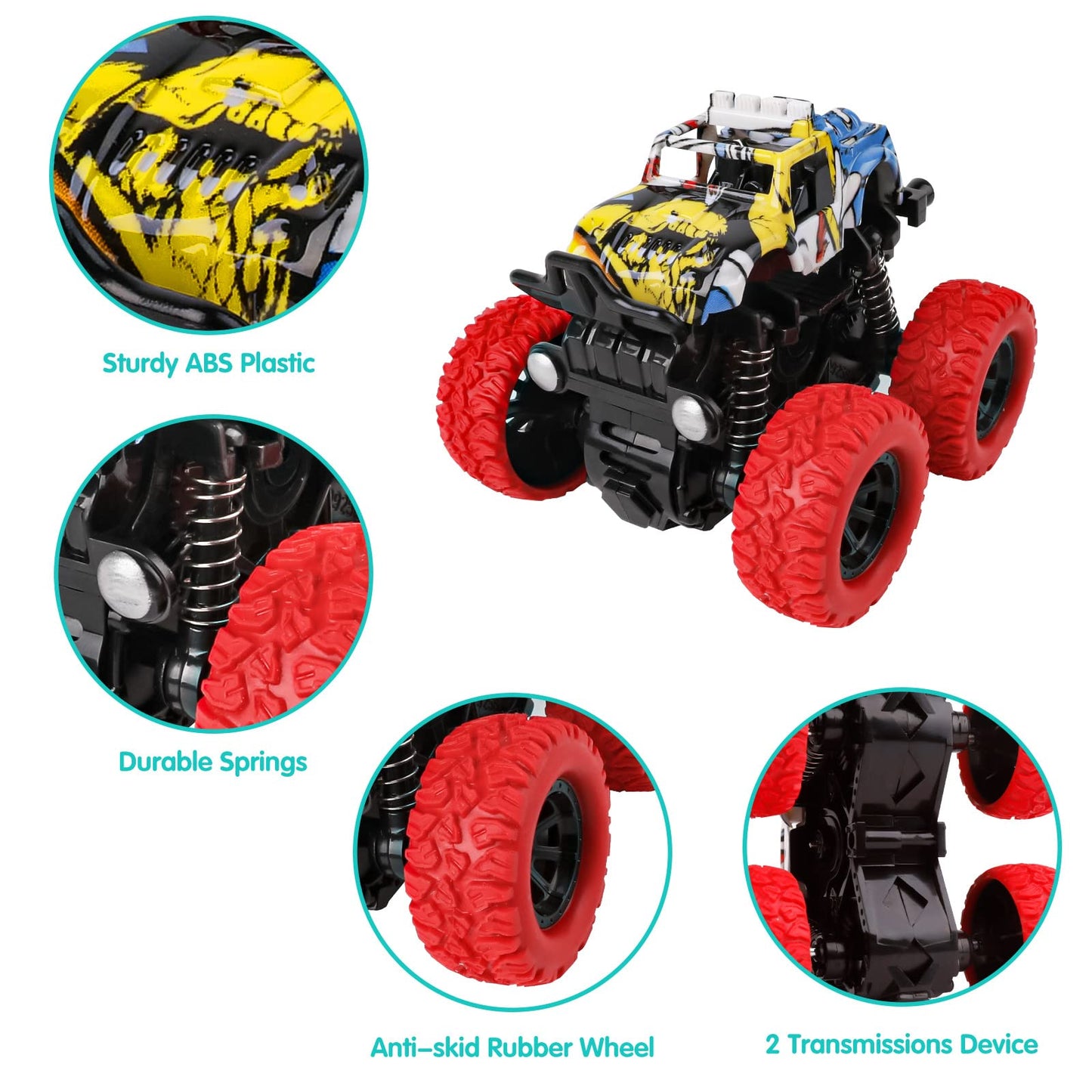 m zimoon Monster Truck, 4pcs Inertia Toy Cars 360° Rotation Friction Powered Off-road Vehicles Pull back car Christmas Birthday Gifts for 3/4/5/6 Years Old Toddlers Boys Girls