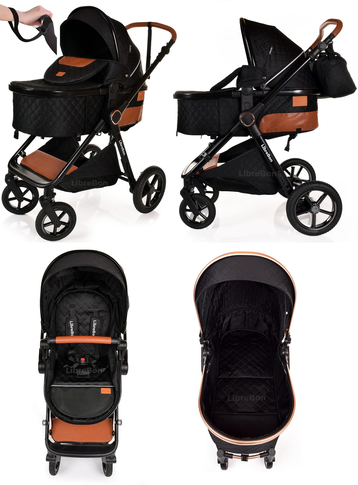 Boneelook 3-in-1 baby buggy pram stroller with black frame, lightweight aluminum design, suitable for newborns and toddlers.
