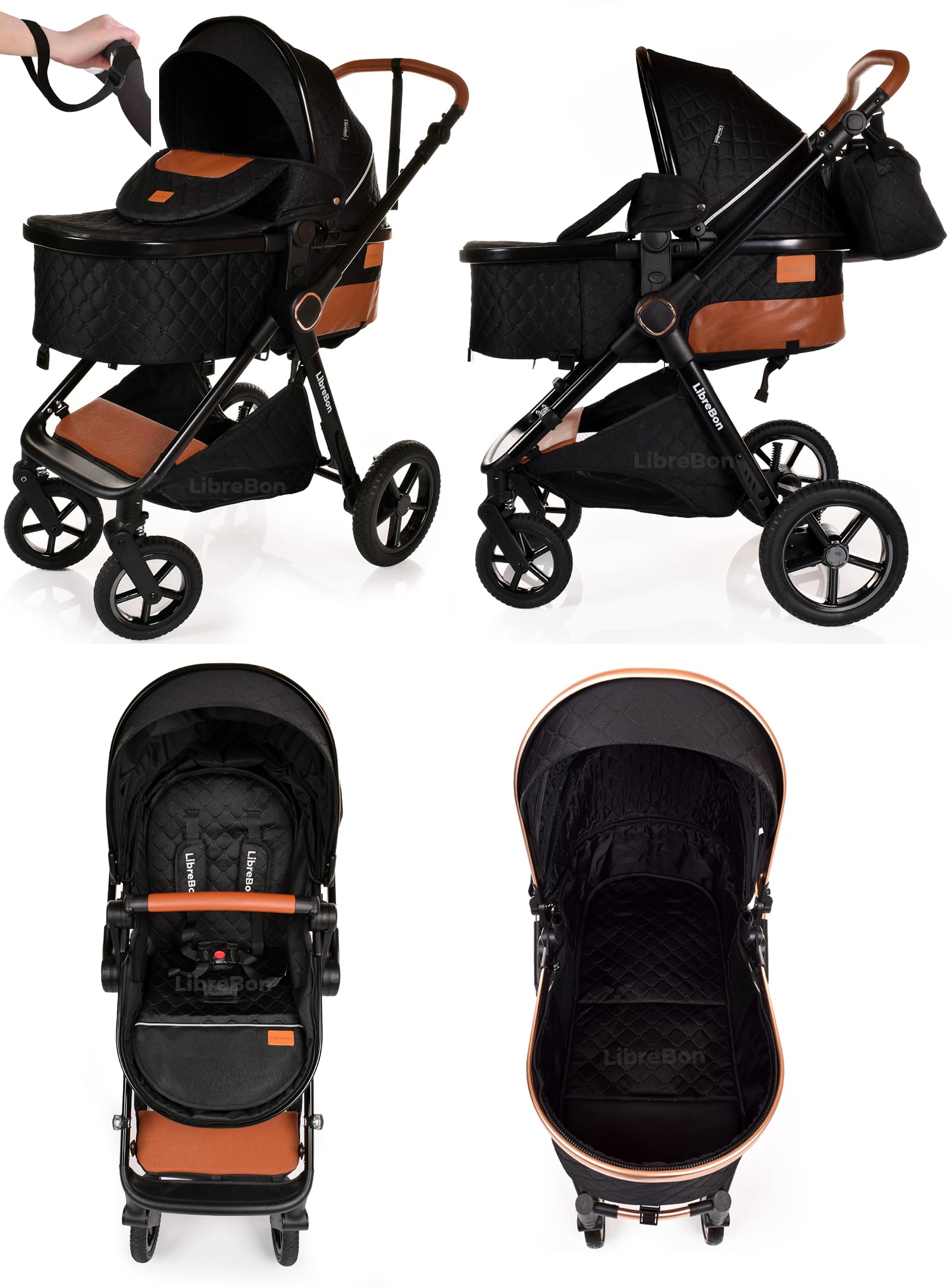 Boneelook 3-in-1 baby buggy pram stroller with black frame, lightweight aluminum design, suitable for newborns and toddlers.