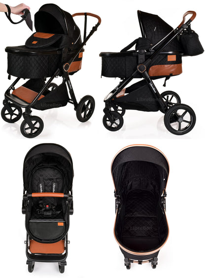 Boneelook 3-in-1 baby buggy pram stroller with black frame, lightweight aluminum design, suitable for newborns and toddlers.