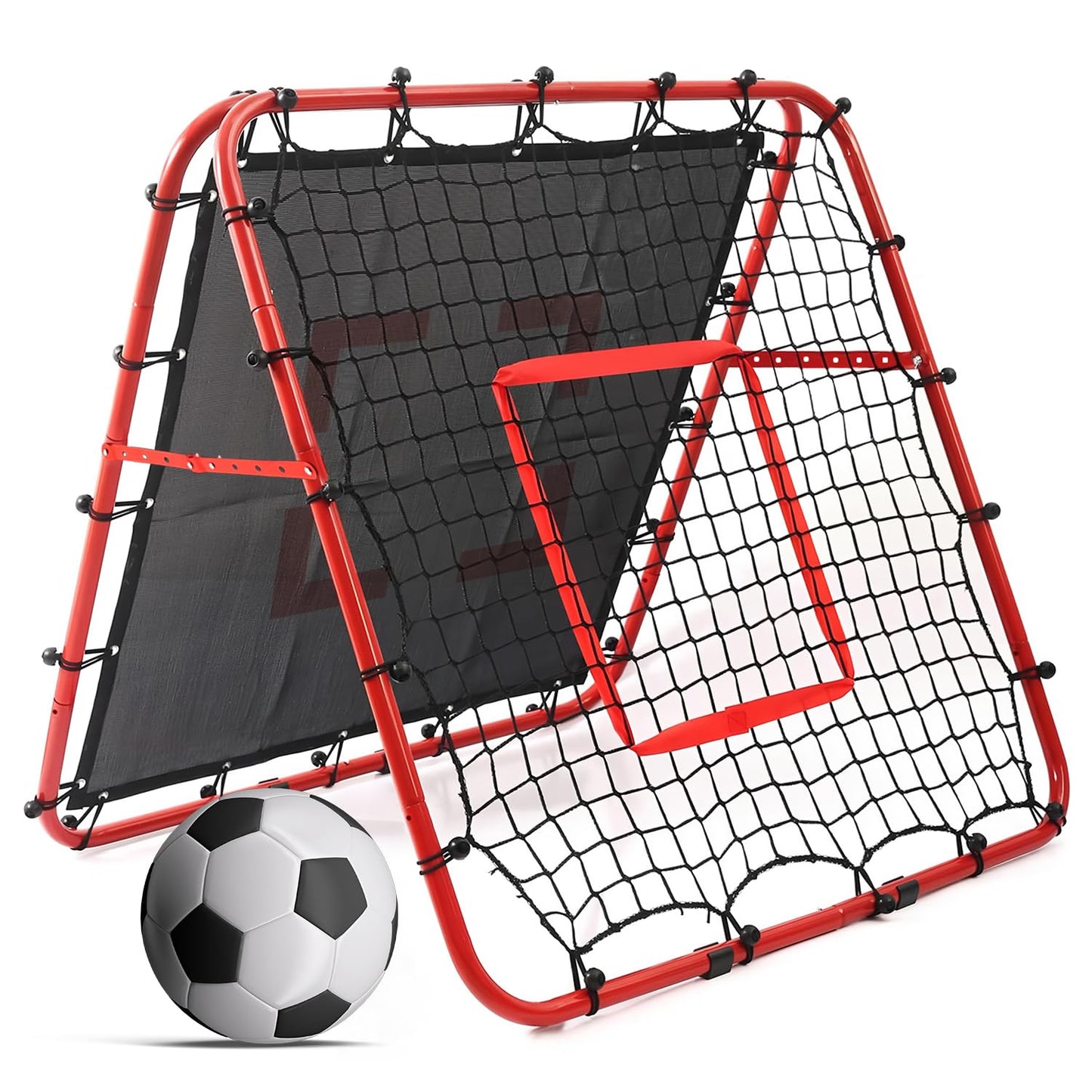 Double-Sided Football Rebounder Net, Adjustable Goal in 5 Levels, Rebound Net with Goal Kickback Target for Kids Soccer Training, Portable Football Goals for Garden Outdoor, 100 x 100 cm Red