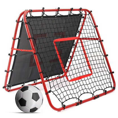 Double-Sided Football Rebounder Net, Adjustable Goal in 5 Levels, Rebound Net with Goal Kickback Target for Kids Soccer Training, Portable Football Goals for Garden Outdoor, 100 x 100 cm Red