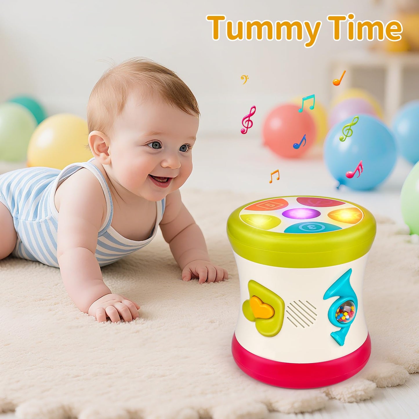 Colorful nicknack baby drum kit for 1-year-olds with lights, designed for sensory play and crawling activities.