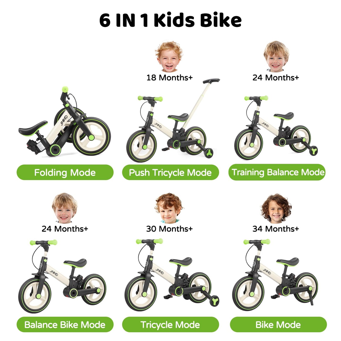 JMMD Balance Bike with Training Wheels and Pedals, Kids Push Bike with Adjustable Push Handle, Fun and Safe Toddler Tricycle for Boys and Girls with Brakes & Kickstand, Age18 Months-5 Years, Green