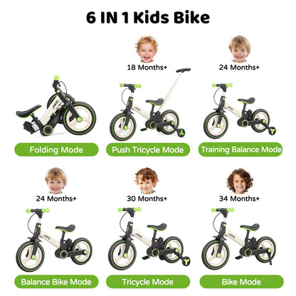 JMMD Balance Bike with Training Wheels and Pedals, Kids Push Bike with Adjustable Push Handle, Fun and Safe Toddler Tricycle for Boys and Girls with Brakes & Kickstand, Age18 Months-5 Years, Green