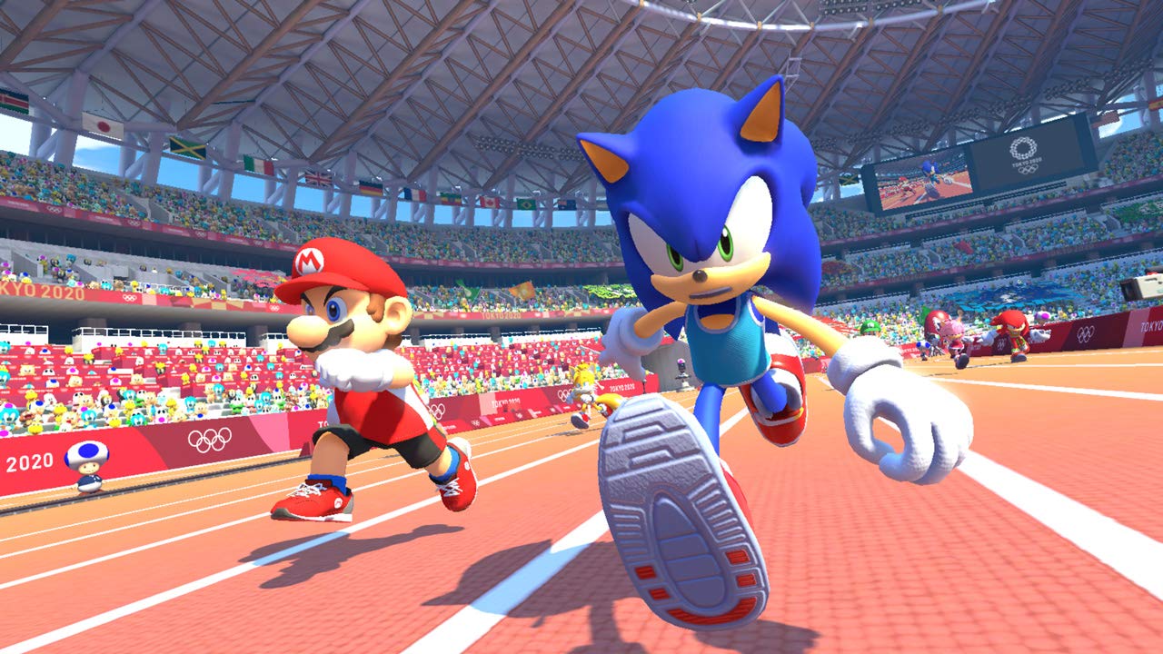 Nintendo Mario and Sonic characters at the Tokyo 2020 Olympic Games video game cover art.